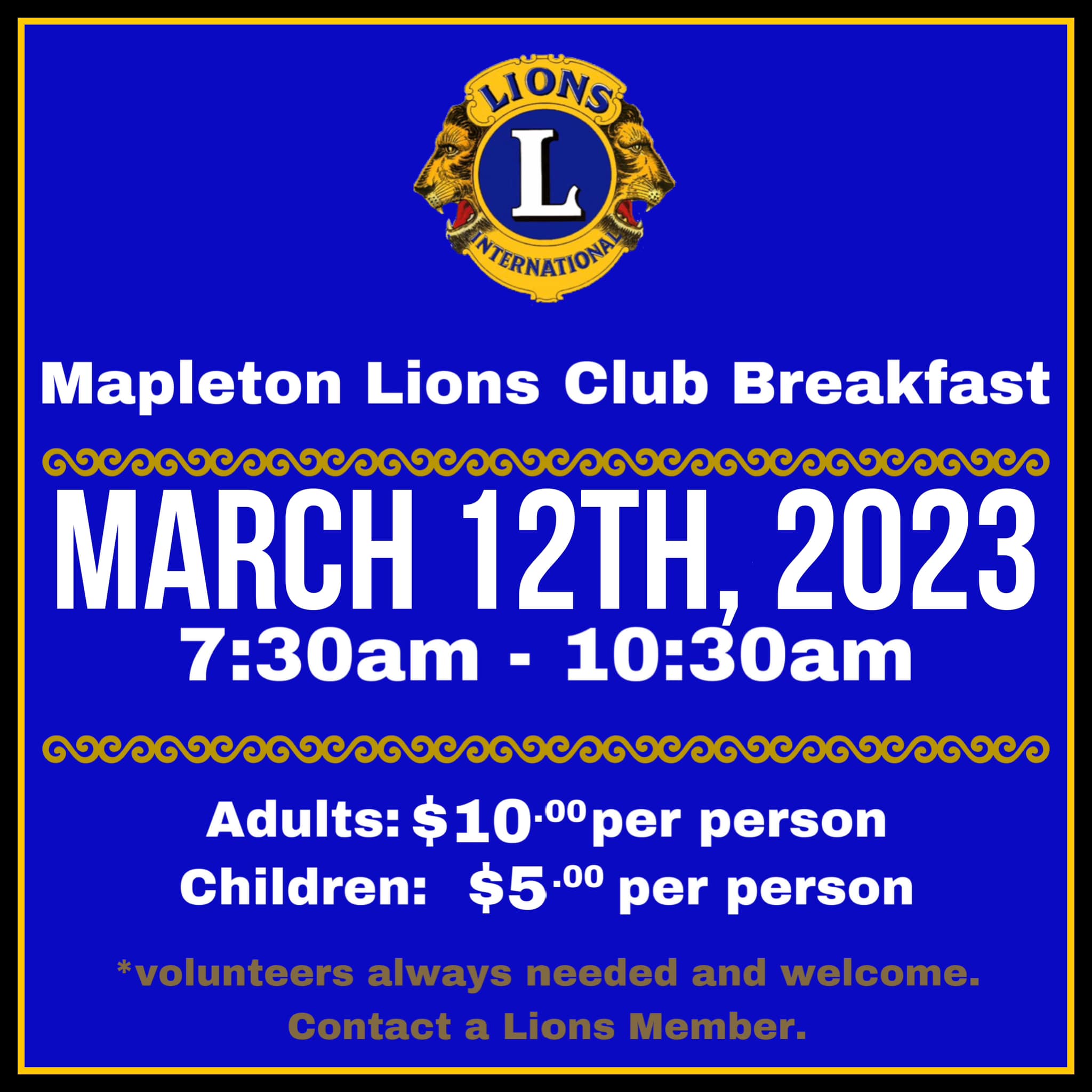 Lions Club breakfast, 7:30-10:30 am