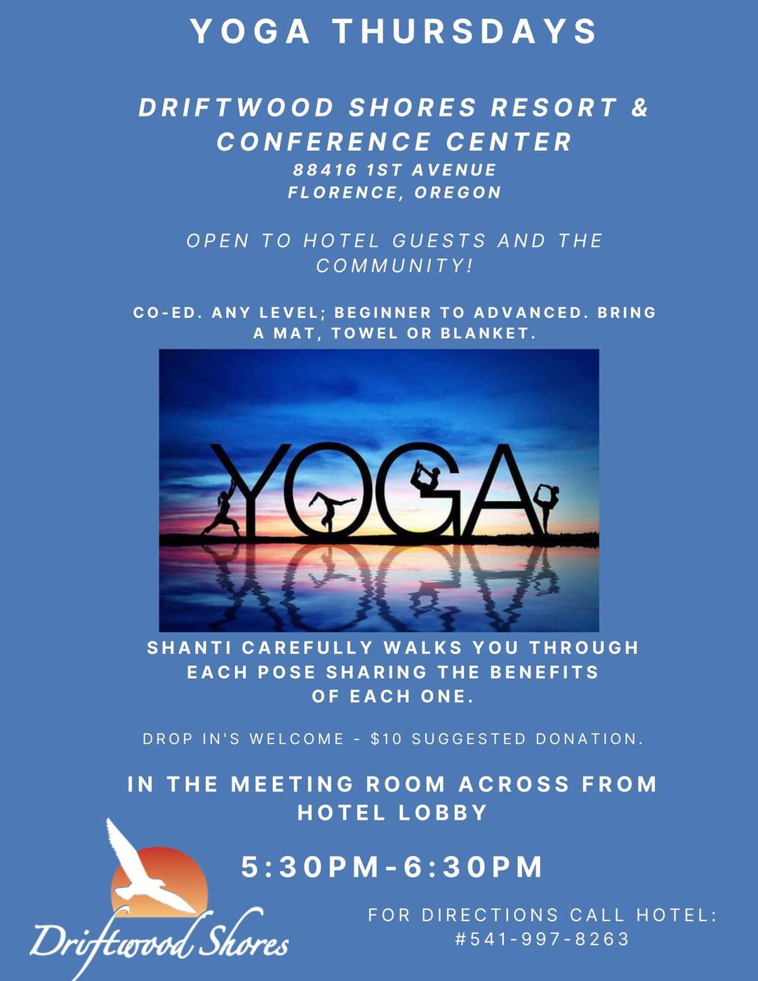 Flier for Yoga at Driftwood Shores, Thursdays, 5:30 pm