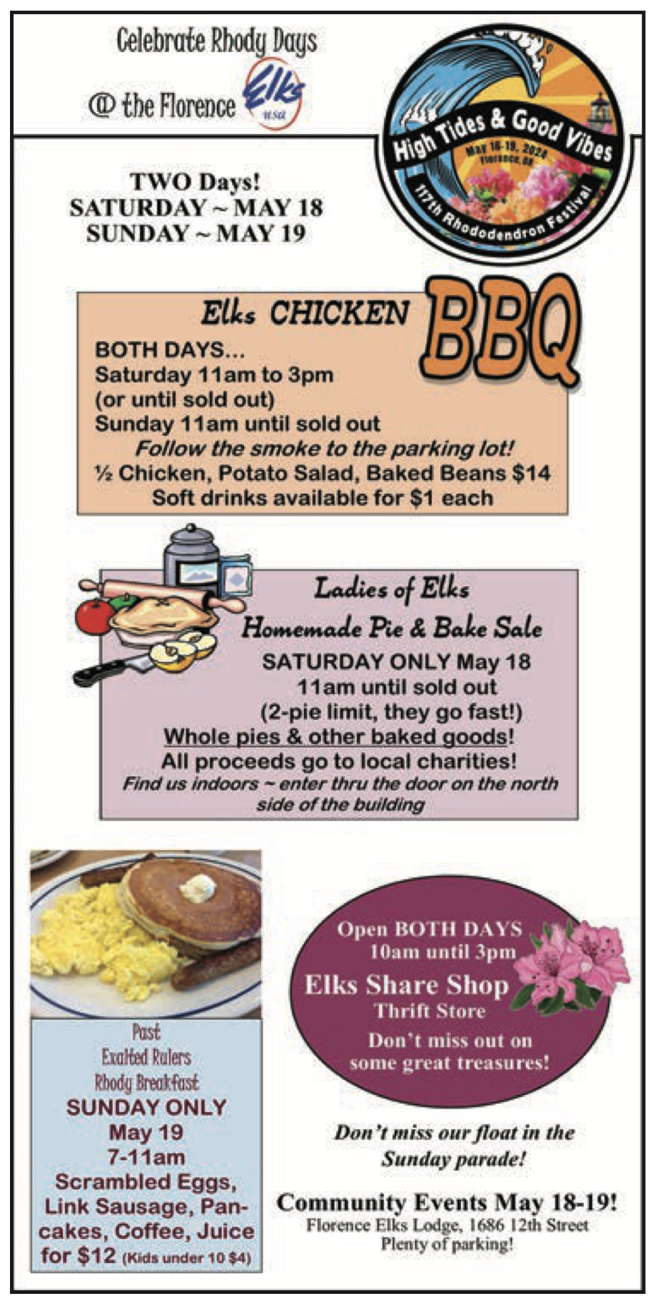 Elks poster with food opportunities
